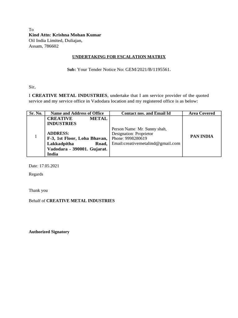 Escalation Matrix Undertaking for Tender | PDF