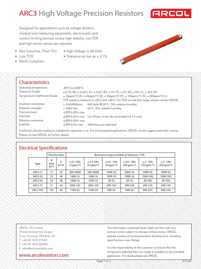 ARC3 High Voltage Precision Resistors | PDF | Resistor | Electrical ...
