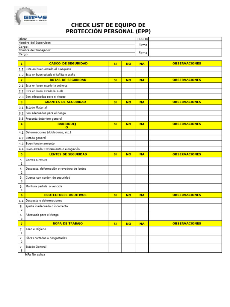 Check List de EPP para Supervisores | PDF