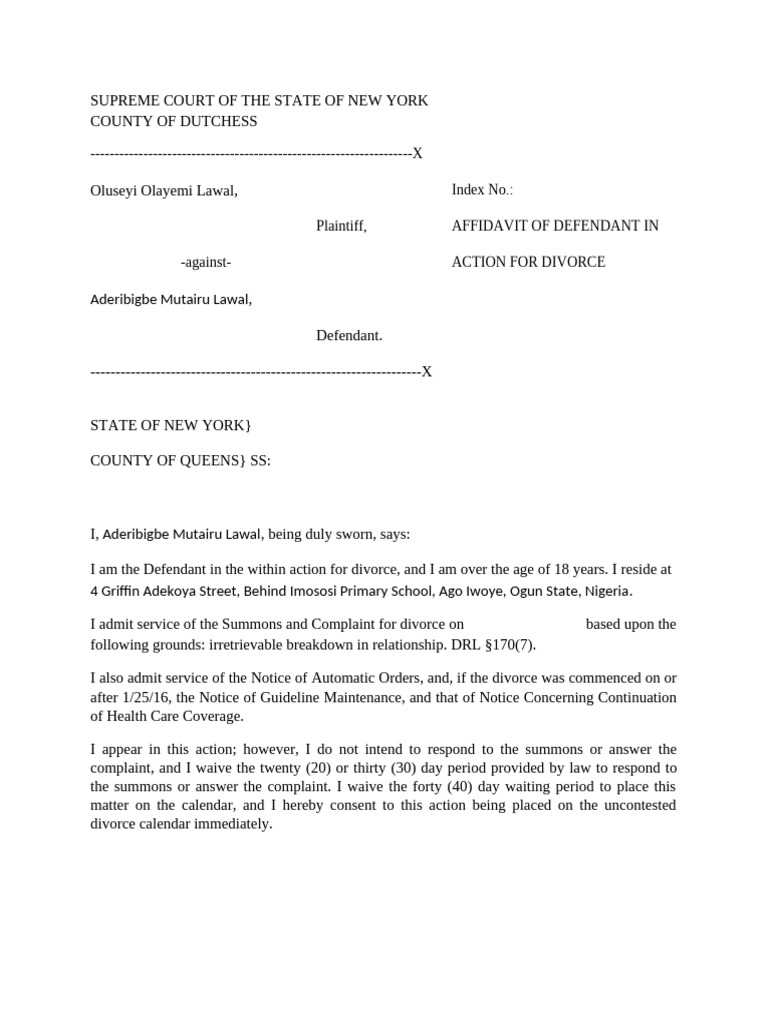 Affidavit of Defendant | PDF | Child Support | Divorce