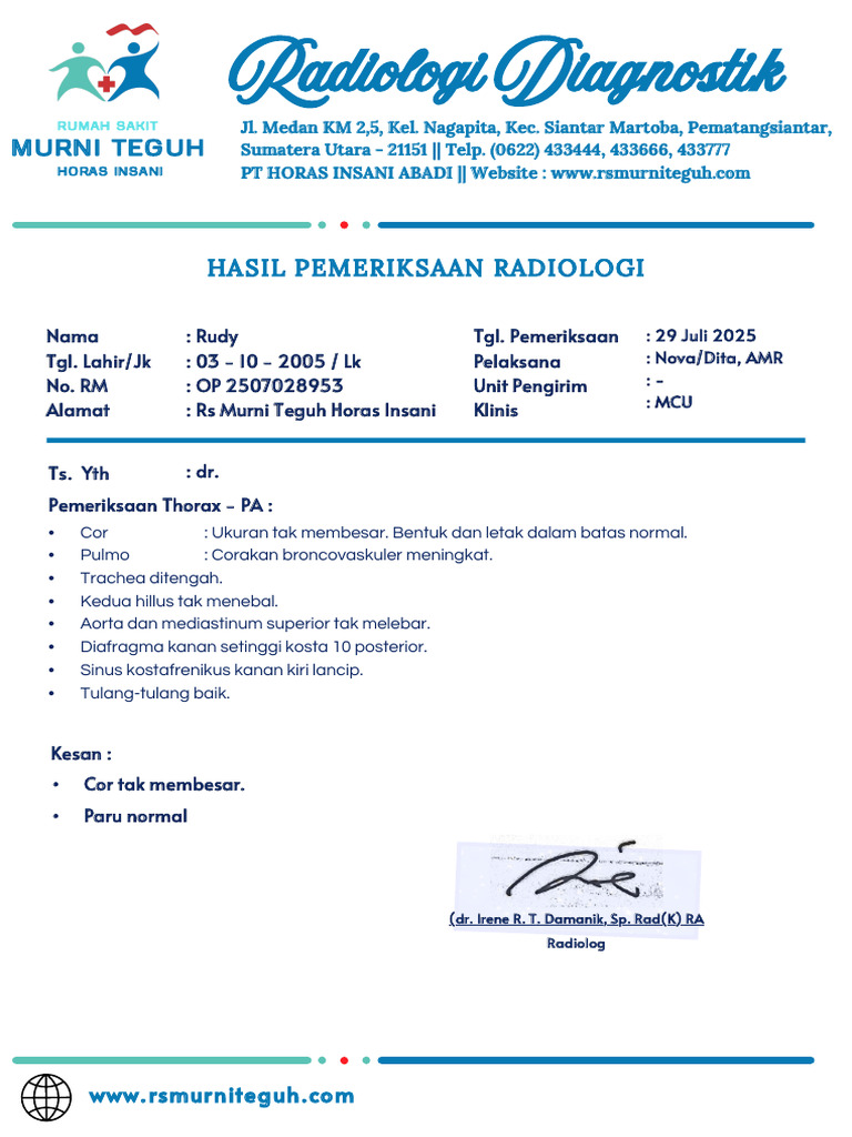 Hasil Pemeriksaan Radiologi Thorax | PDF