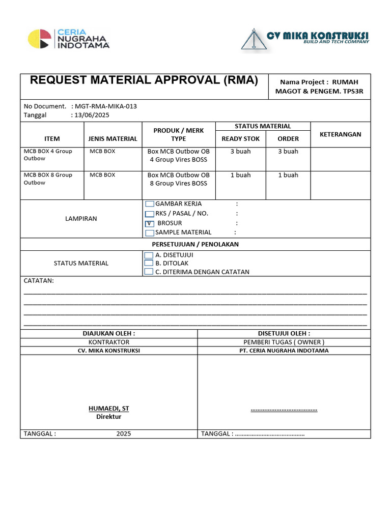 RMA Material Approval untuk MCB Box | PDF