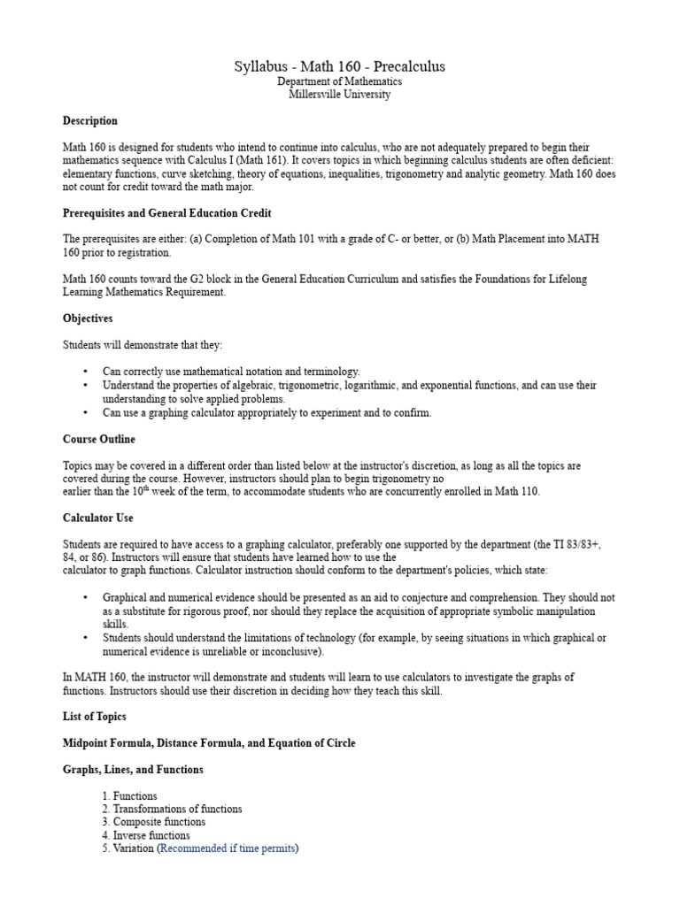 Math 160 Syllabus: Precalculus Overview | PDF | Trigonometric Functions ...