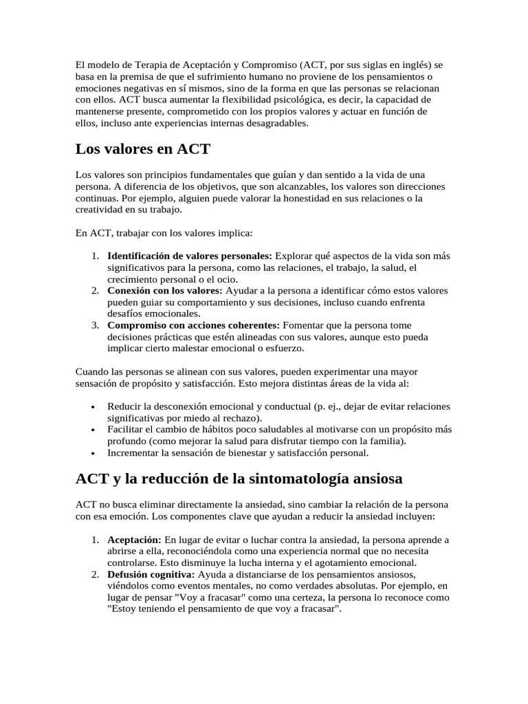 Valores en Terapia ACT y su impacto | PDF | Las emociones | Ansiedad