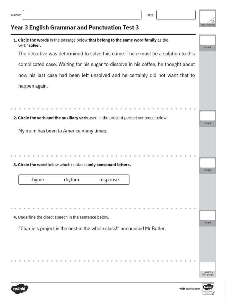 Year 3 English Grammar and Punctuation Test 3 | PDF | English Grammar ...