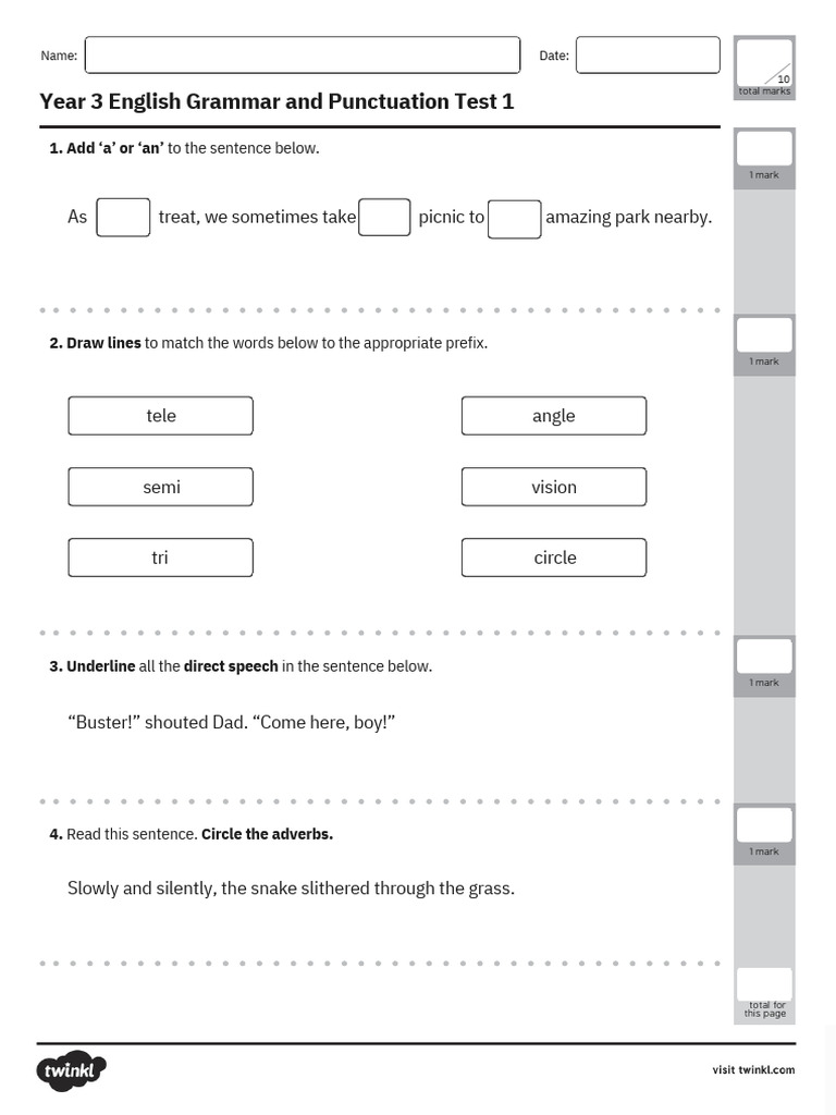 Year 3 Grammar and Punctuation Test | PDF | English Grammar | English ...