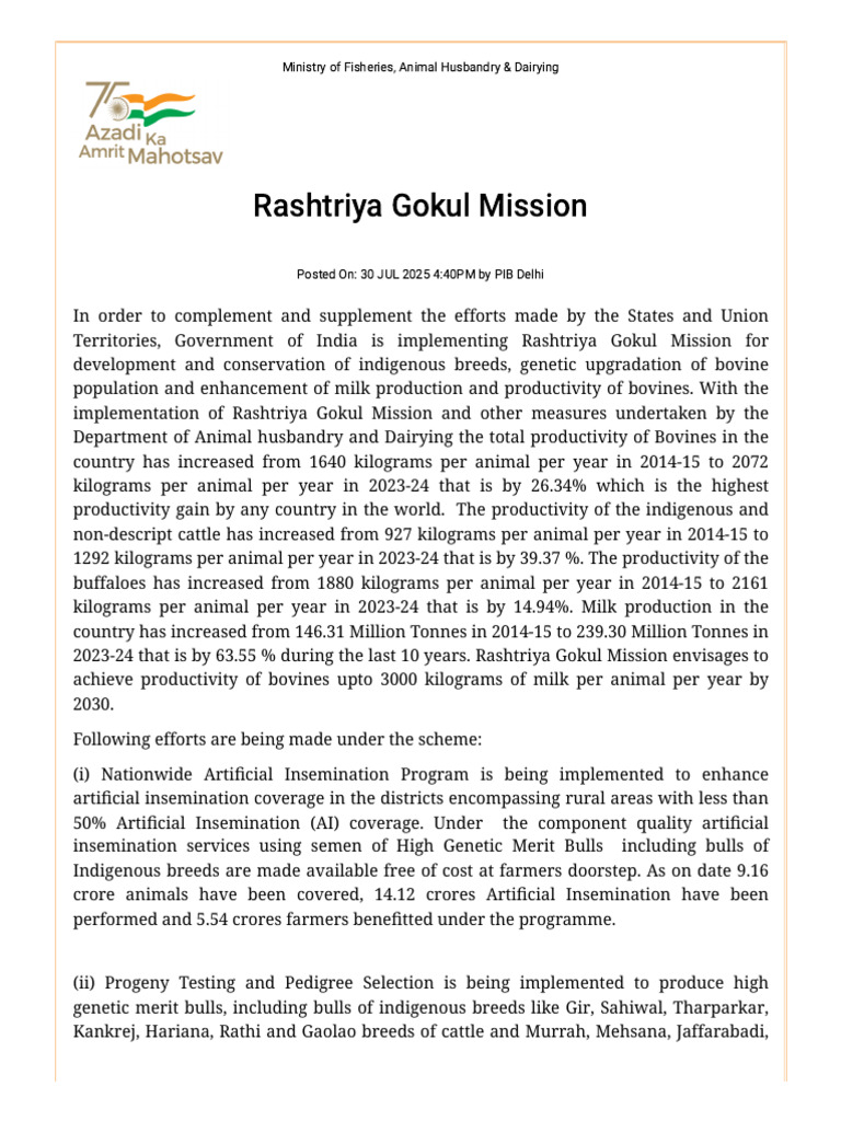 Rashtriya Gokul Mission Progress Report | PDF | Cattle | Livestock