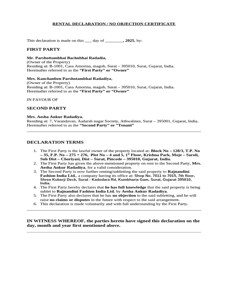 Rental Declaration and No Objection Certificate | PDF | Chess Theory ...