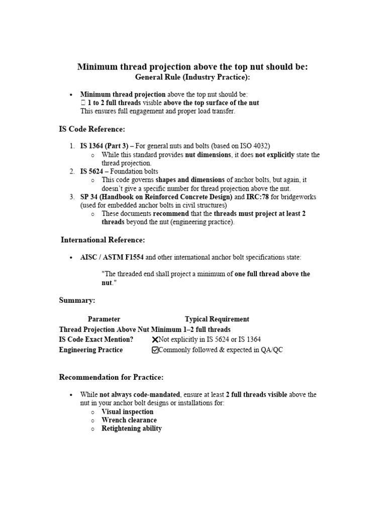 Minimum Thread Projection Guidelines | PDF