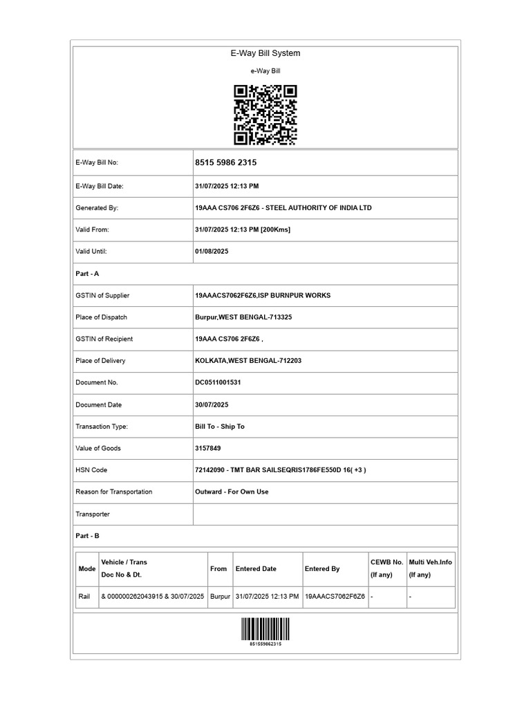 E-Way Bill Details for Steel Authority | PDF
