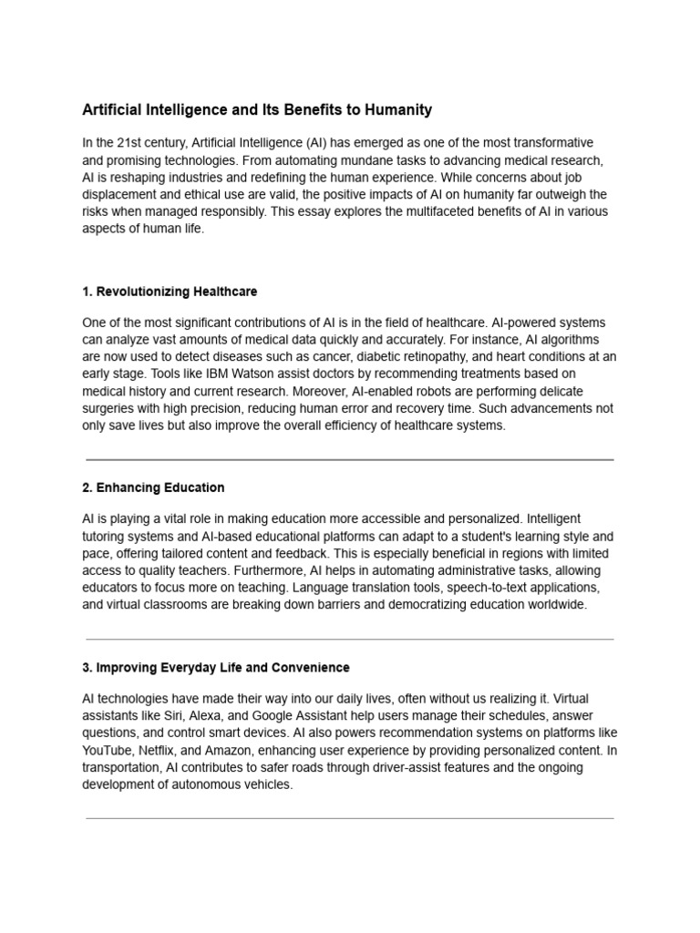 Artificial Intelligence and Its Benefits To Humanity | PDF | Artificial ...