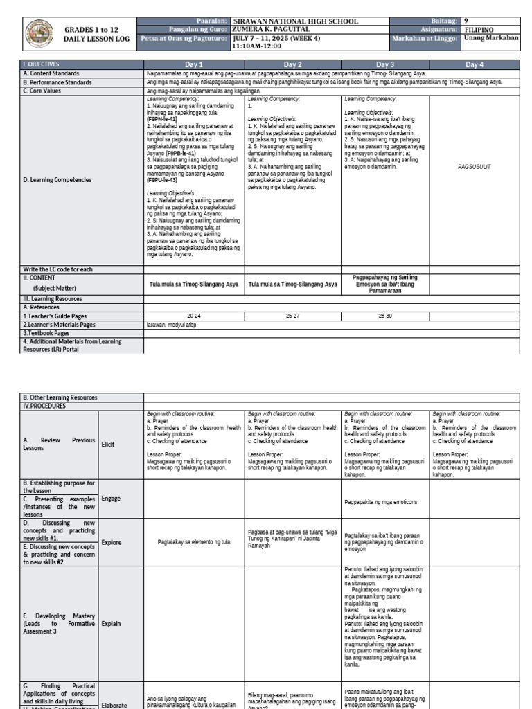 DLL - Filipino 9 - Q1 - W4 | PDF