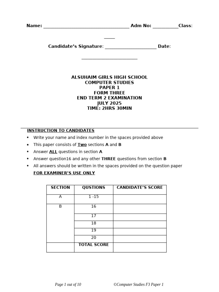 Computer f3 Pp1 End Term 2 2025 | PDF | Decimal | Spreadsheet