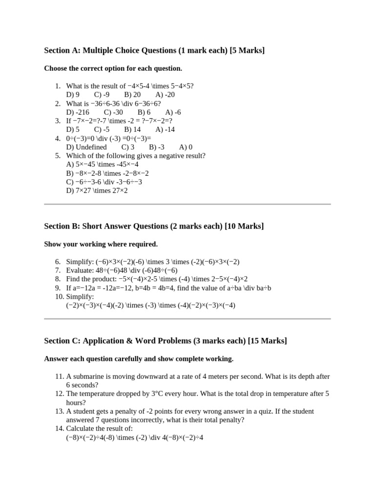 Math Quiz: Multiple Choice & Word Problems | PDF