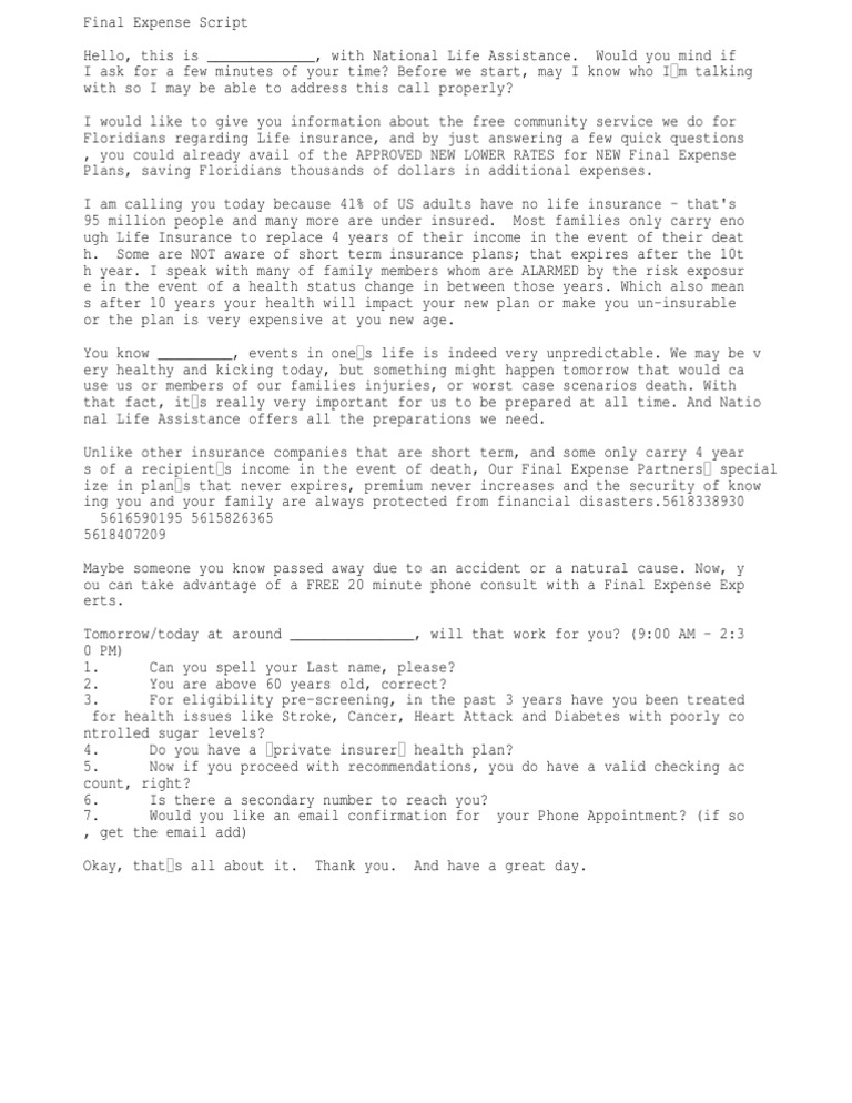 Final Expense Script Life Insurance Insurance