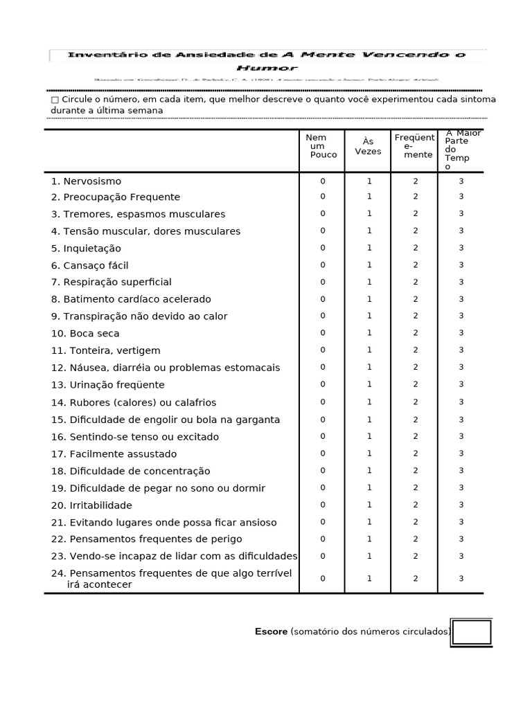 Avaliação de Sintomas de Ansiedade | PDF | Ansiedade | Doenças e distúrbios