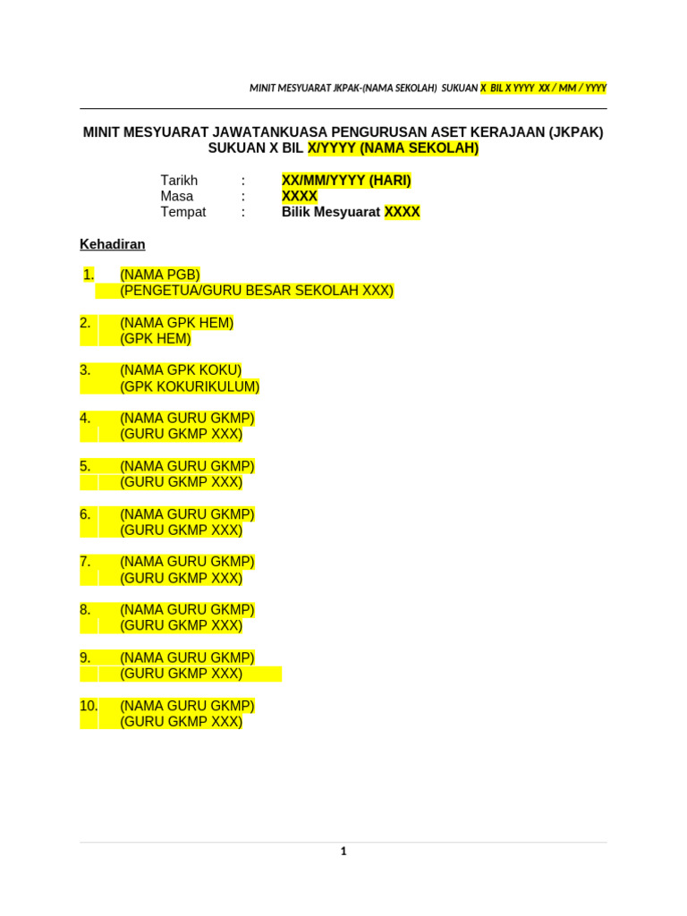 Format Minit Mesyuarat Jkpak Sekolah-Sekolah Negeri Melaka | PDF