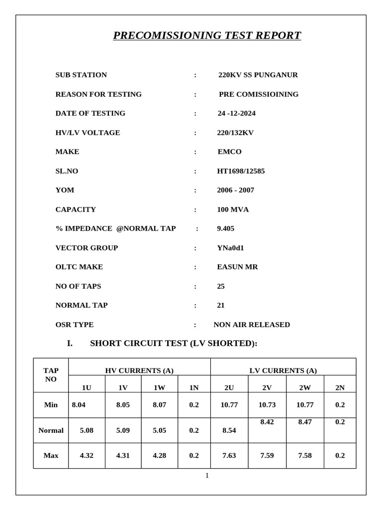 Precommissioning Test Report: 220kV Substation | PDF | Transformer ...