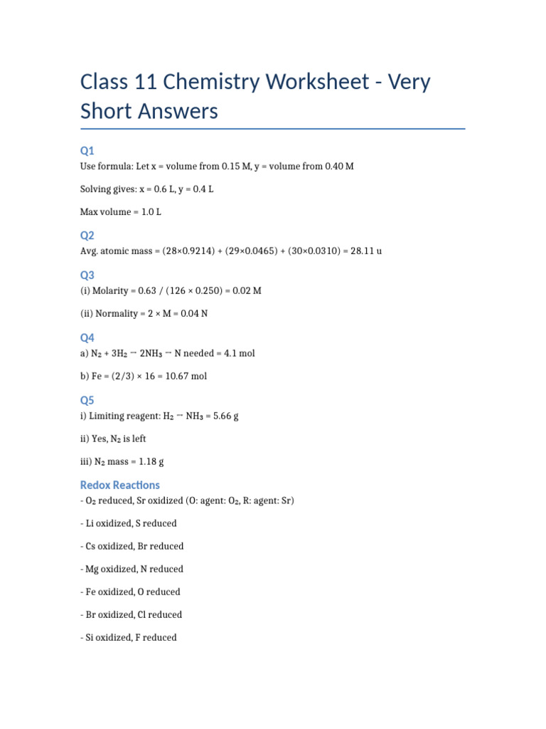 Class 11 Chemistry Worksheet Answers | PDF