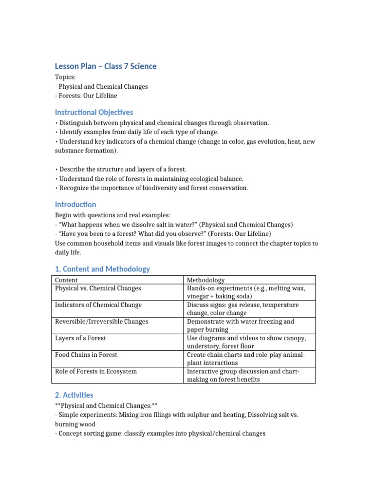 Class 7 Science Lesson Plan: Changes & Forests | PDF | Forests | Water