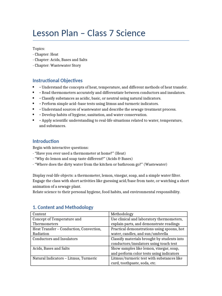 Class 7 Science Lesson Plan Overview | PDF | Heat | Water