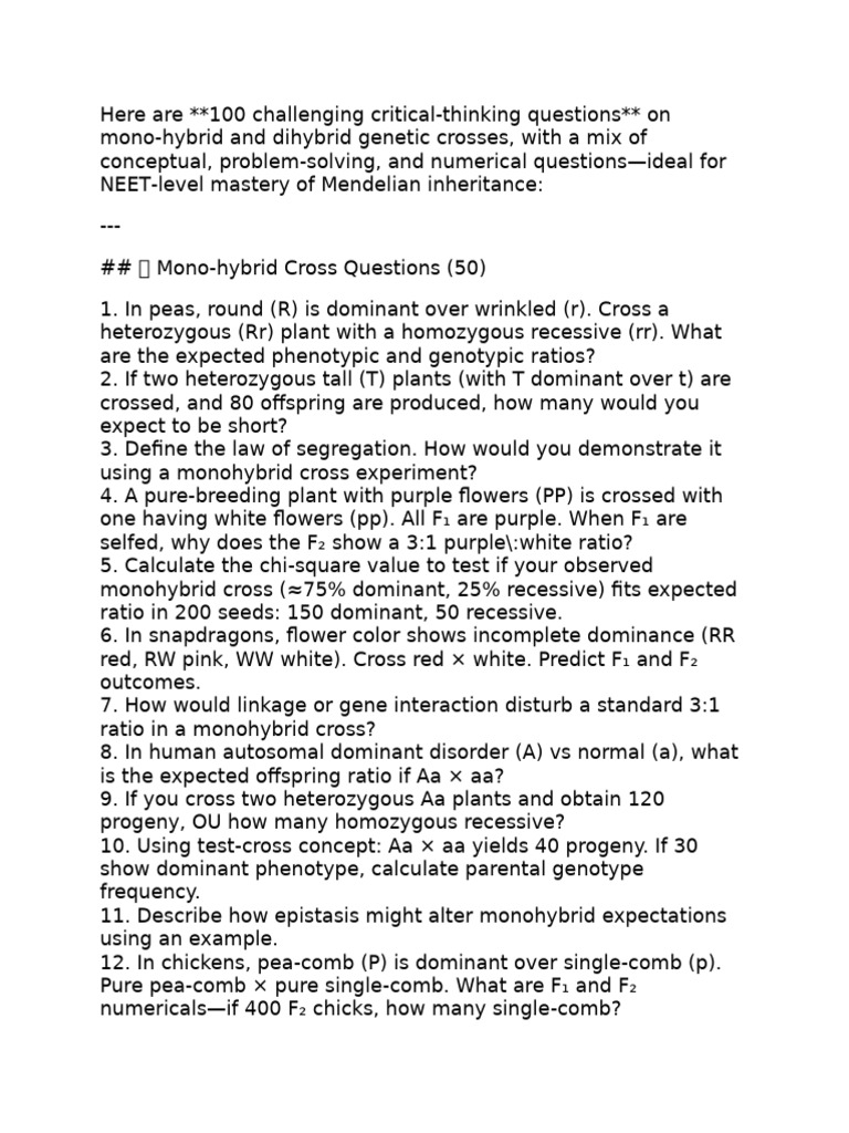 100 Critical Thinking Questions on Genetics | PDF | Dominance (Genetics ...