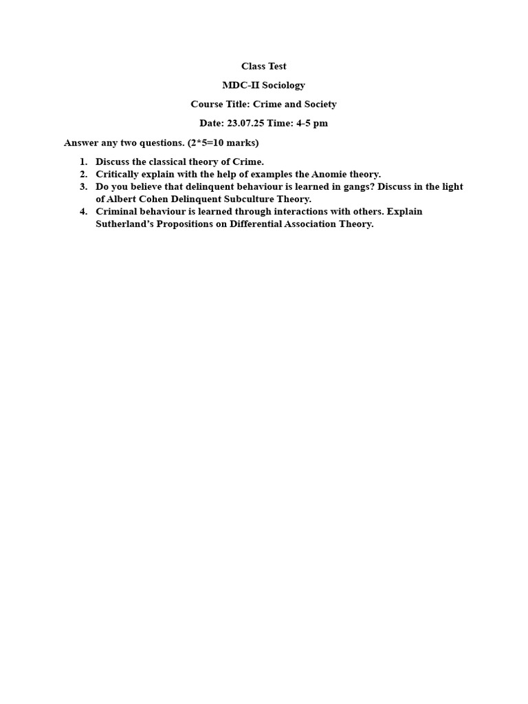 Class Test Crime and Society | PDF