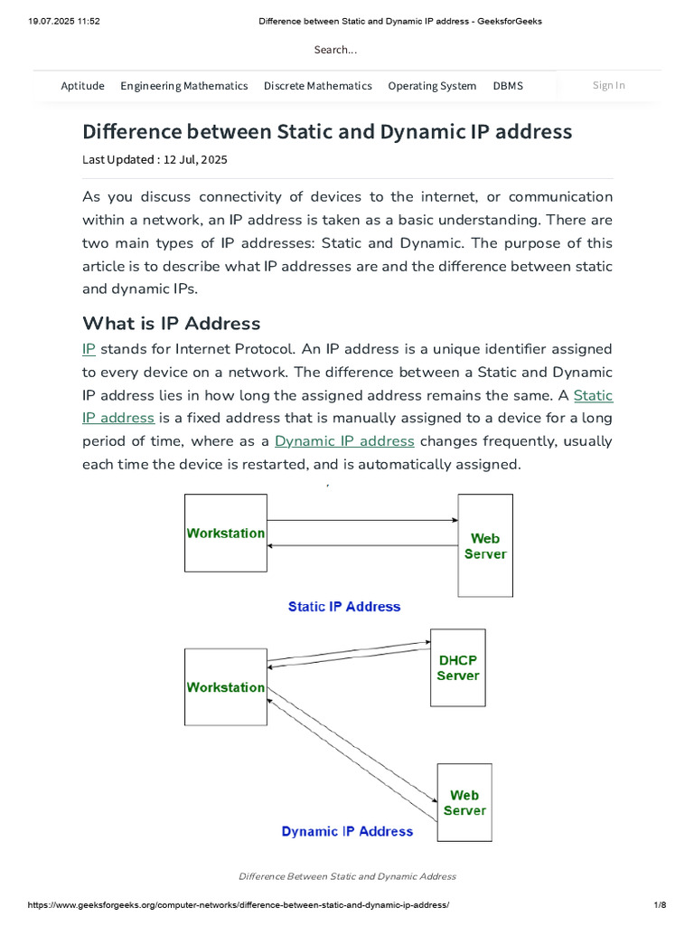 Difference Between Static and Dynamic IP Address - GeeksforGeeks | PDF ...
