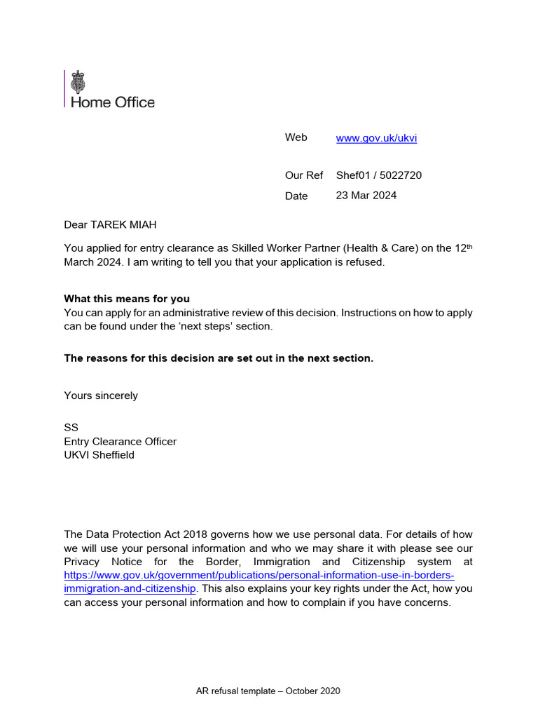 GWF075936982 Refusal Letter2024-03-23 | PDF | Human Migration | Immigration