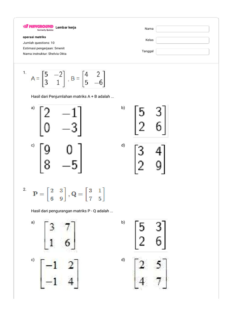 Soal Operasi Matriks untuk Kelas | PDF