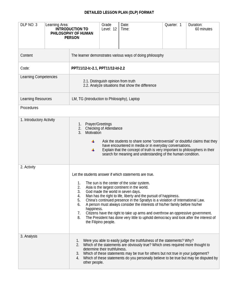 Grade 12 Philosophy Lesson Plan | PDF | Truth | Liberal Arts Education