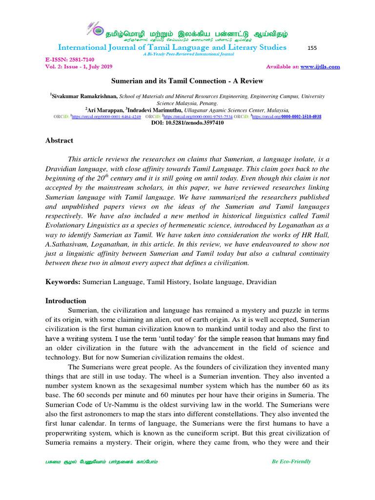 Sumerian-Tamil Linguistic Affinities | PDF | Tamil Language | Sumer