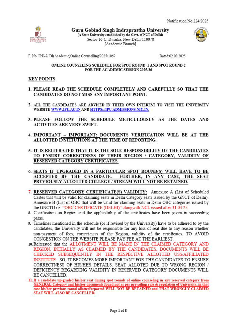 GGSIPU Spot Round Counseling 2025 | PDF | Credit Card