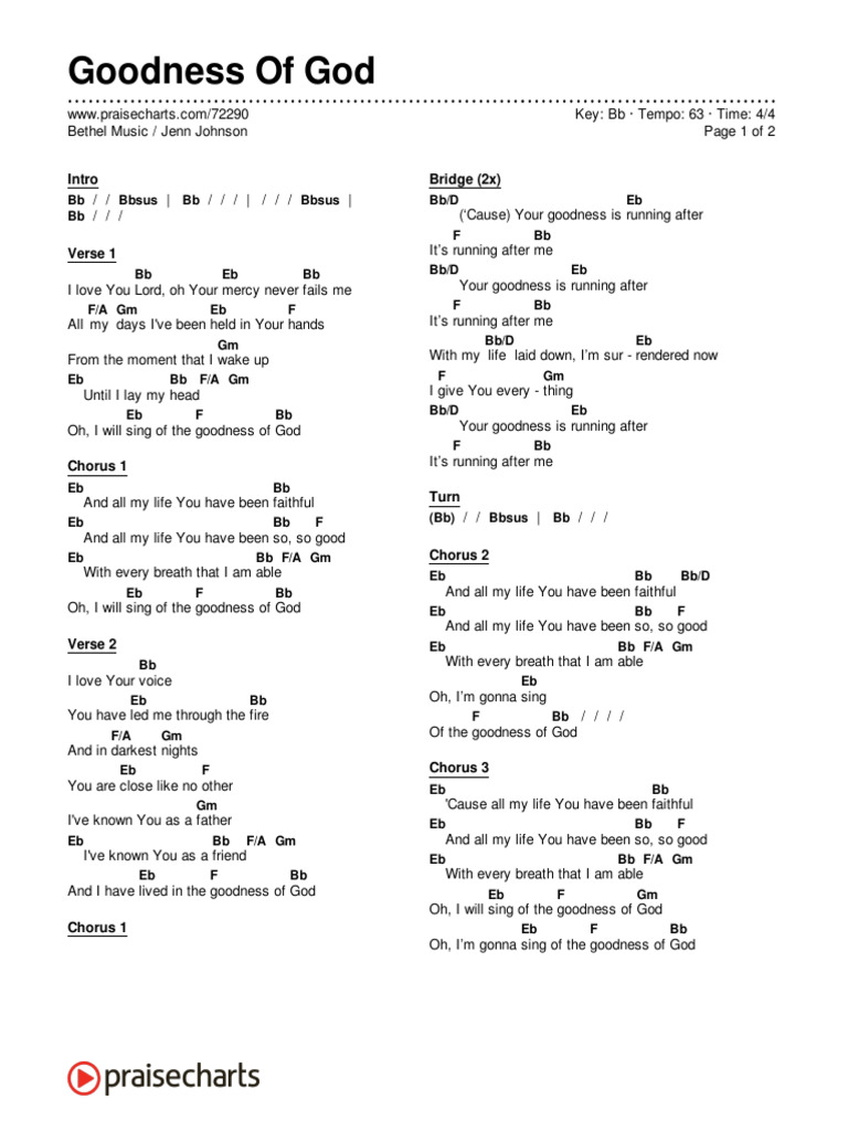 Goodness of God Chord Chart Bb1 PDF English Language Music