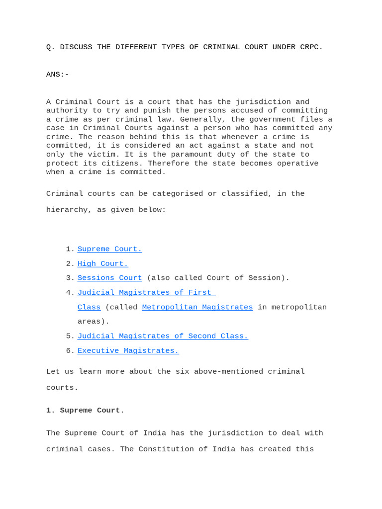 Types of Criminal Courts Under CRPC | PDF | Bail | Magistrate