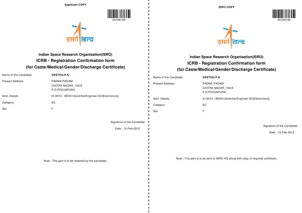 ISRO Registration Confirmation Form | PDF