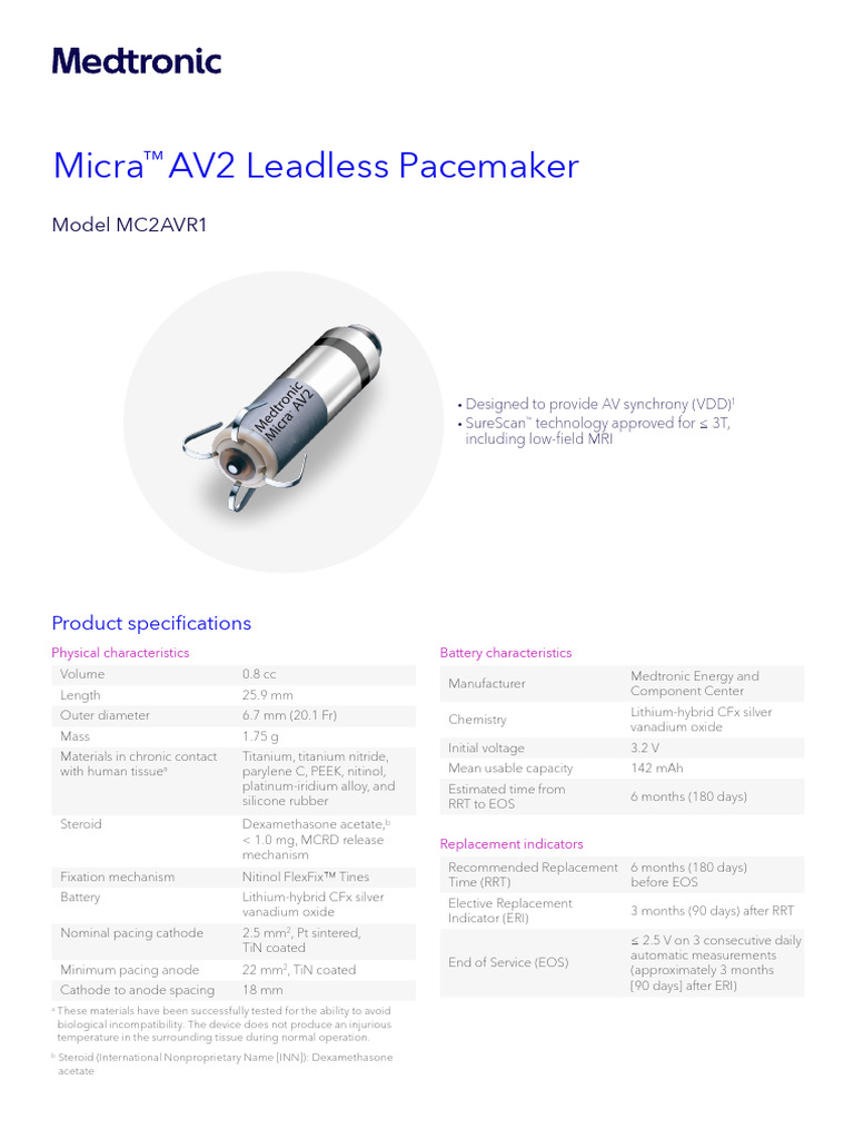 Micra AV2 Leadless Pacemaker Specs | PDF | Electricity | Electrical ...
