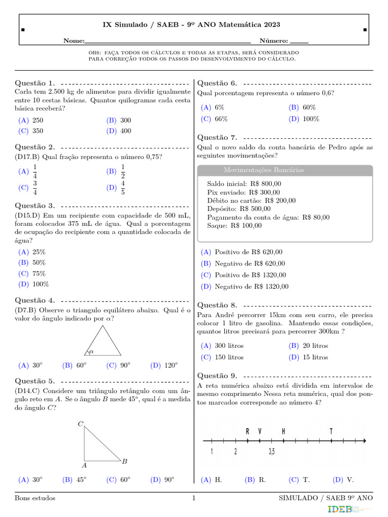 Simulado SAEB 9º Ano Matemática 2023 | PDF | Triângulo