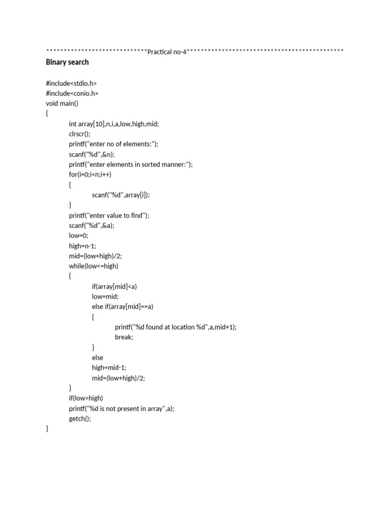 Binary Search Algorithm in C Code | PDF