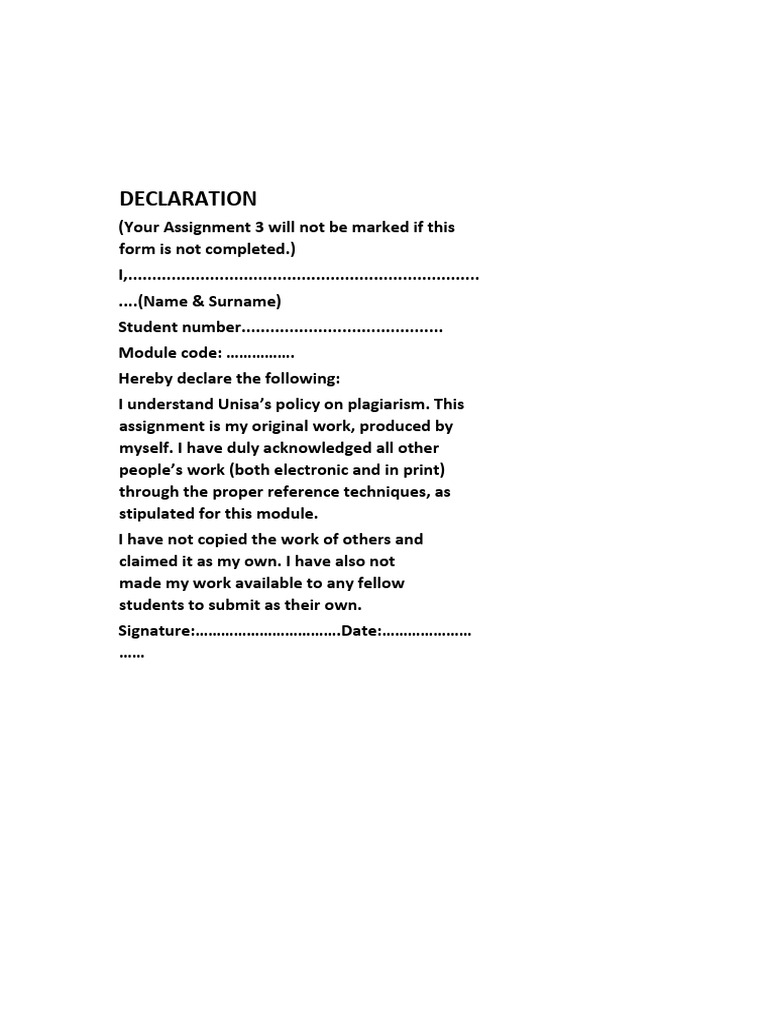 Unisa 2025 Assignment Declaration Form | PDF