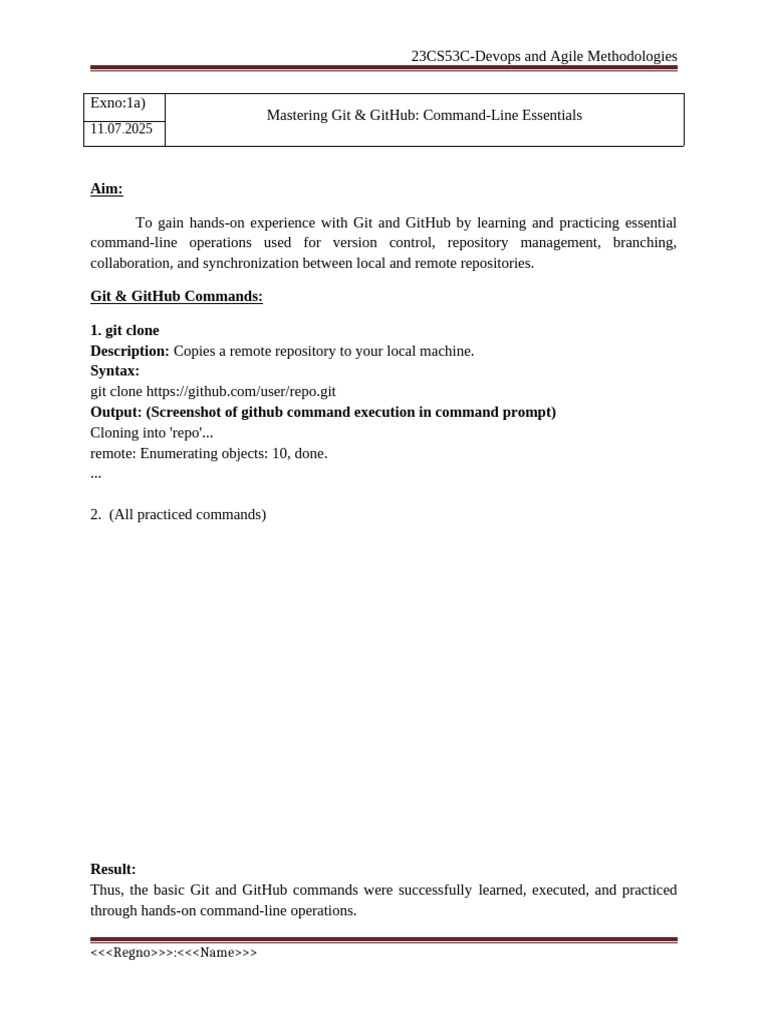 Exno 1a Mastering Git & Git Hub Commands | PDF