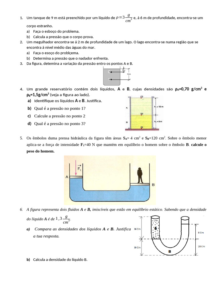 Exercícios de Hidrostática e Pressão | PDF