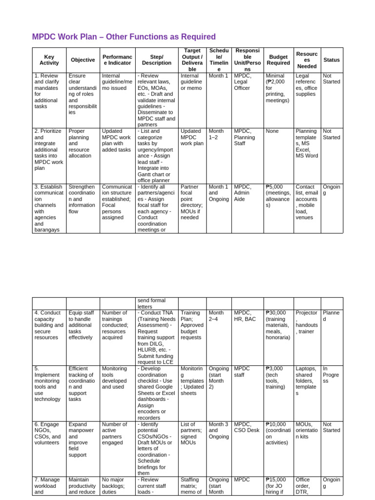 MPDC Work Plan Other Functions As Required | PDF
