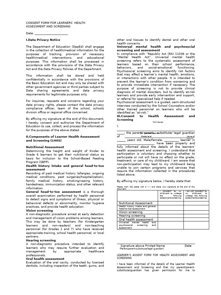 Learner Health Assessment Consent Form | PDF | Mental Health | Psychosocial