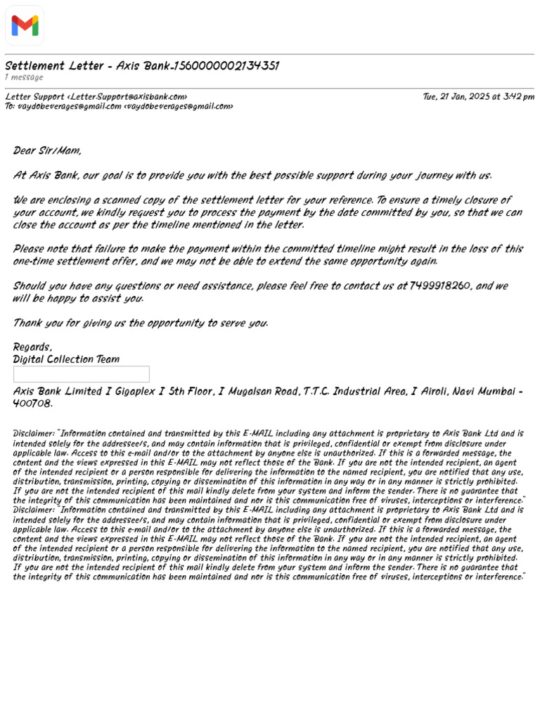 Axis Bank Settlement Letter PDF Download | PDF | Mail | Information
