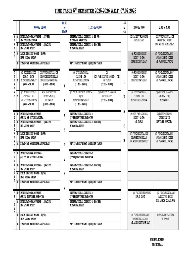 5th Semester Timetable 2025-2026 | PDF
