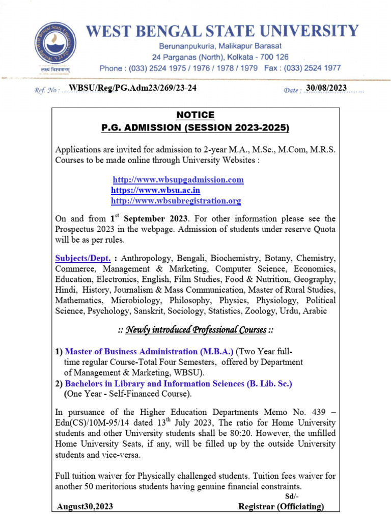 WBSU PG Admission Notice 2023-2025 | PDF