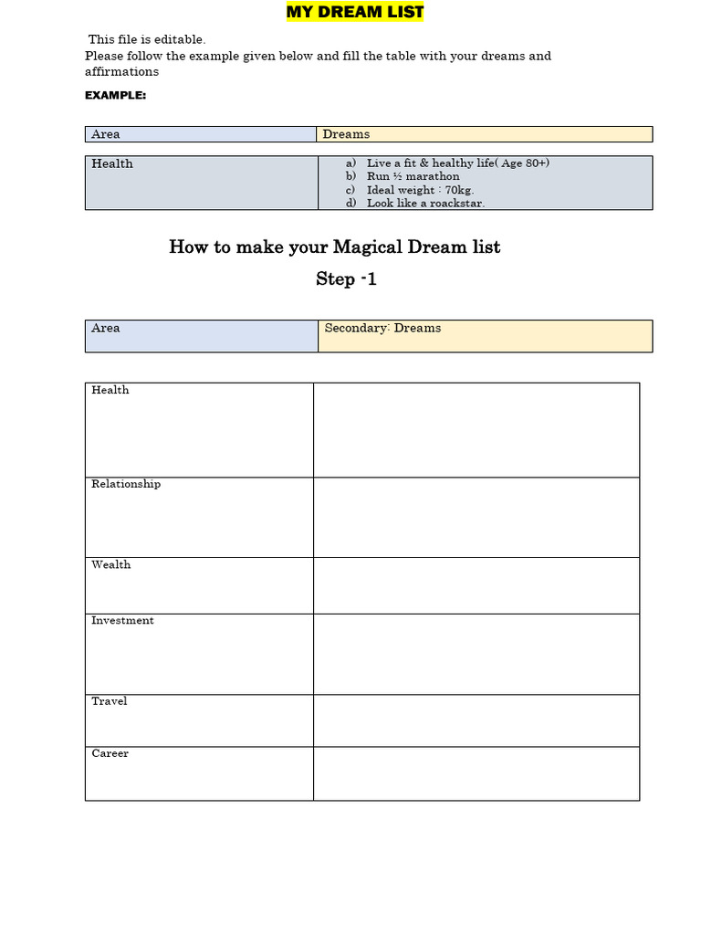 My Editable Dream List Template | PDF