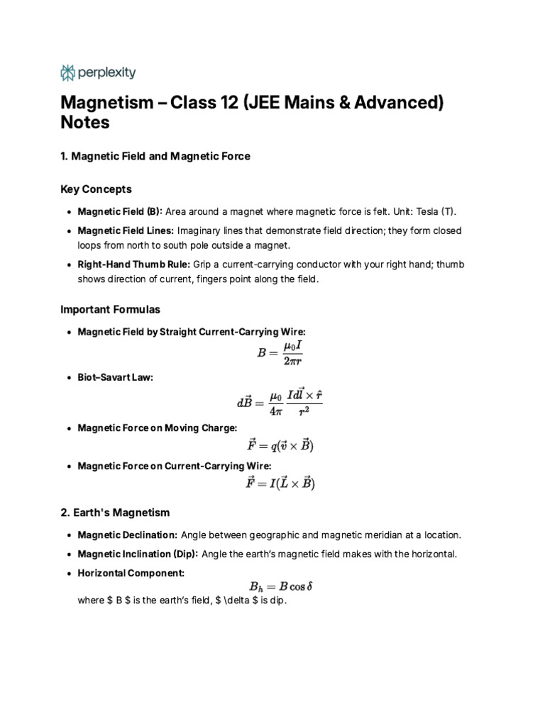 JEE Magnetism Notes for Class 12 | PDF | Magnetism | Magnetic Field