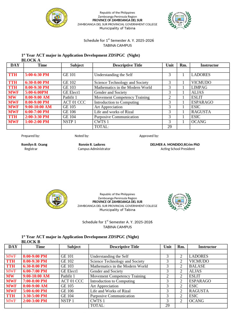 Class Schedule For 1st Semester 2025 2026 ACTBTVTED | PDF | Education ...